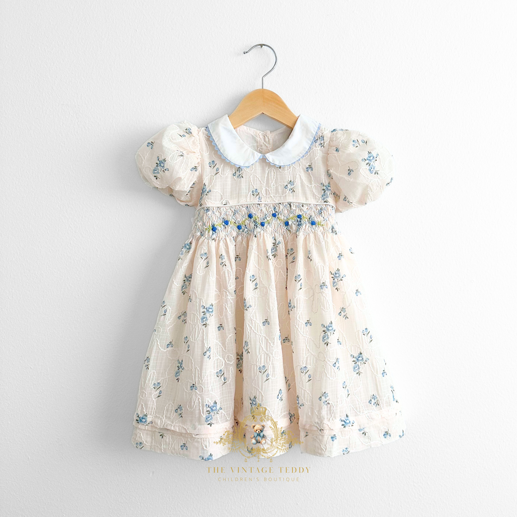Girls Embroidered Smocked Floral Dress Cream Cornflower Blue