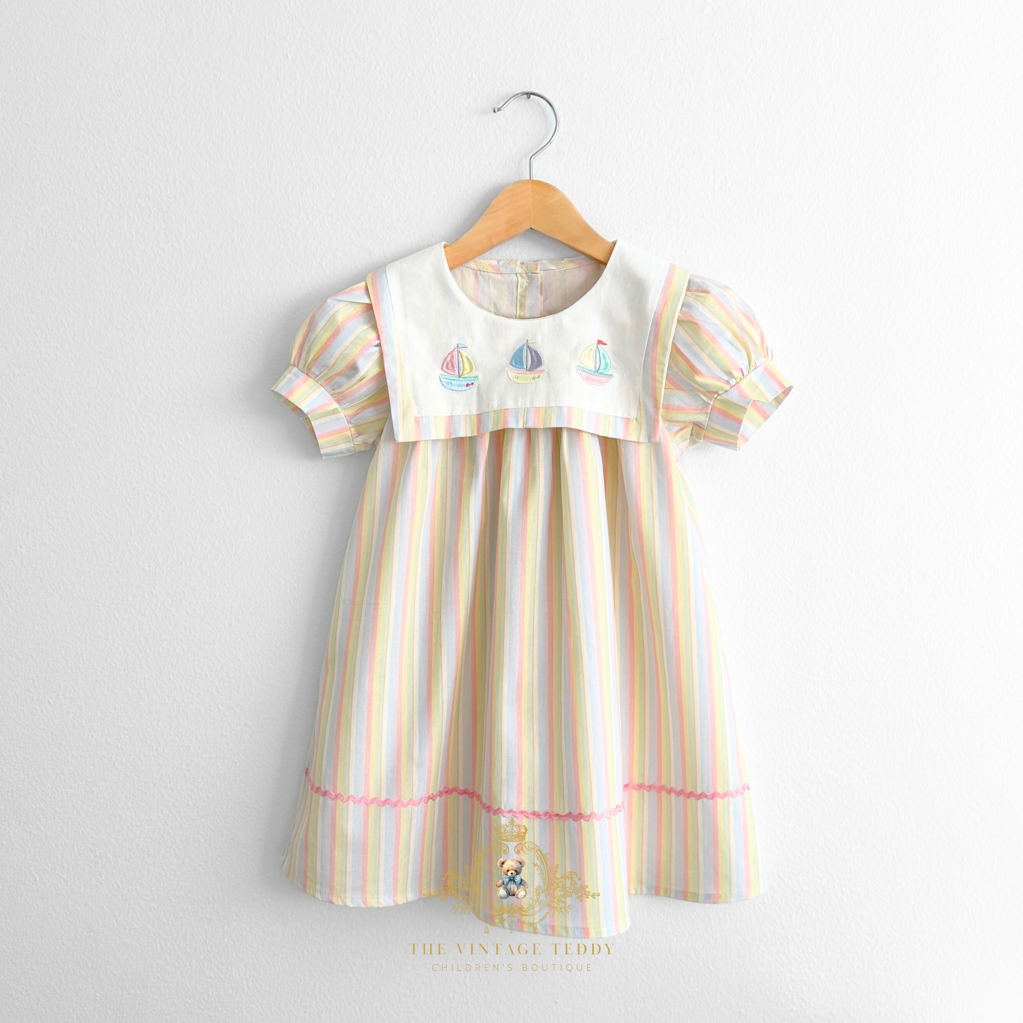 Girls Embroidered Bib Collar Dress Sunshine Stripes & Sailboats 6Y Girls Embroidered Bib Collar Dress Sunshine Stripes & Sailboats 6Y