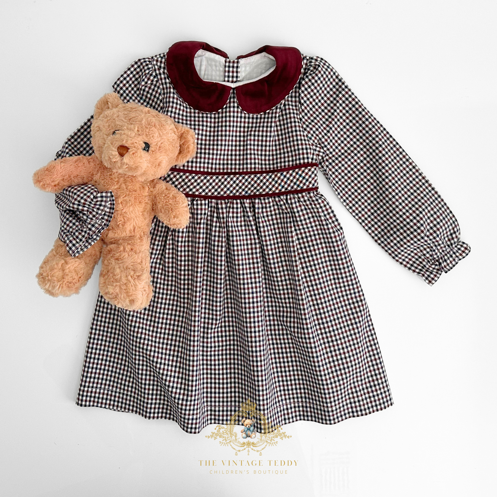 Girls Long Sleeve Dress Gingham Burgundy & Navy Blue 4T