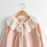 Girls Long Sleeve Eyelet Embroidered Lace Bib Collar Dress Blush Pink