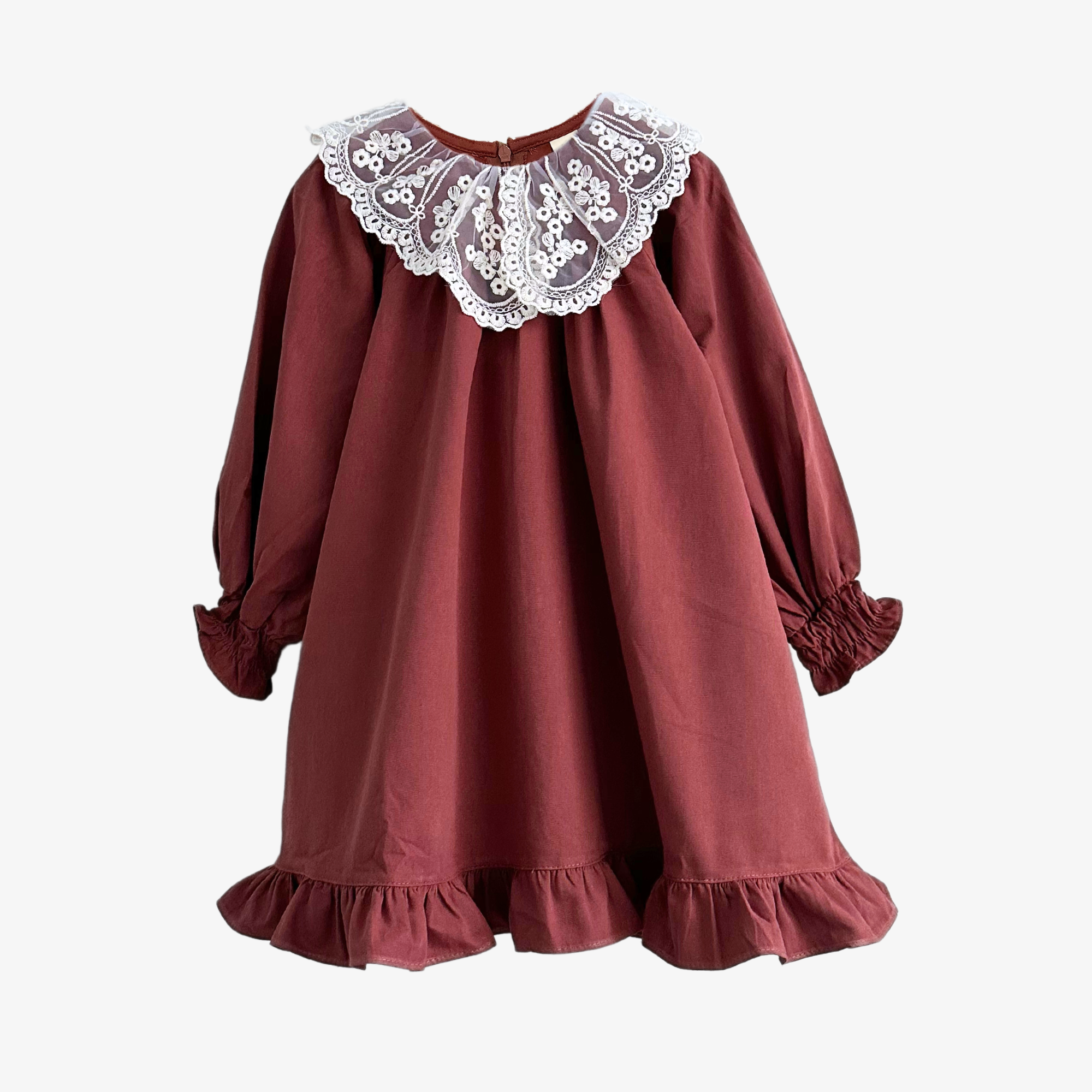 Girls Long Sleeve Lace Bib Collar Peasant Dress Crimson Brown & Cream 4T Girls Long Sleeve Lace Bib Collar Peasant Dress Crimson Brown & Cream 4T