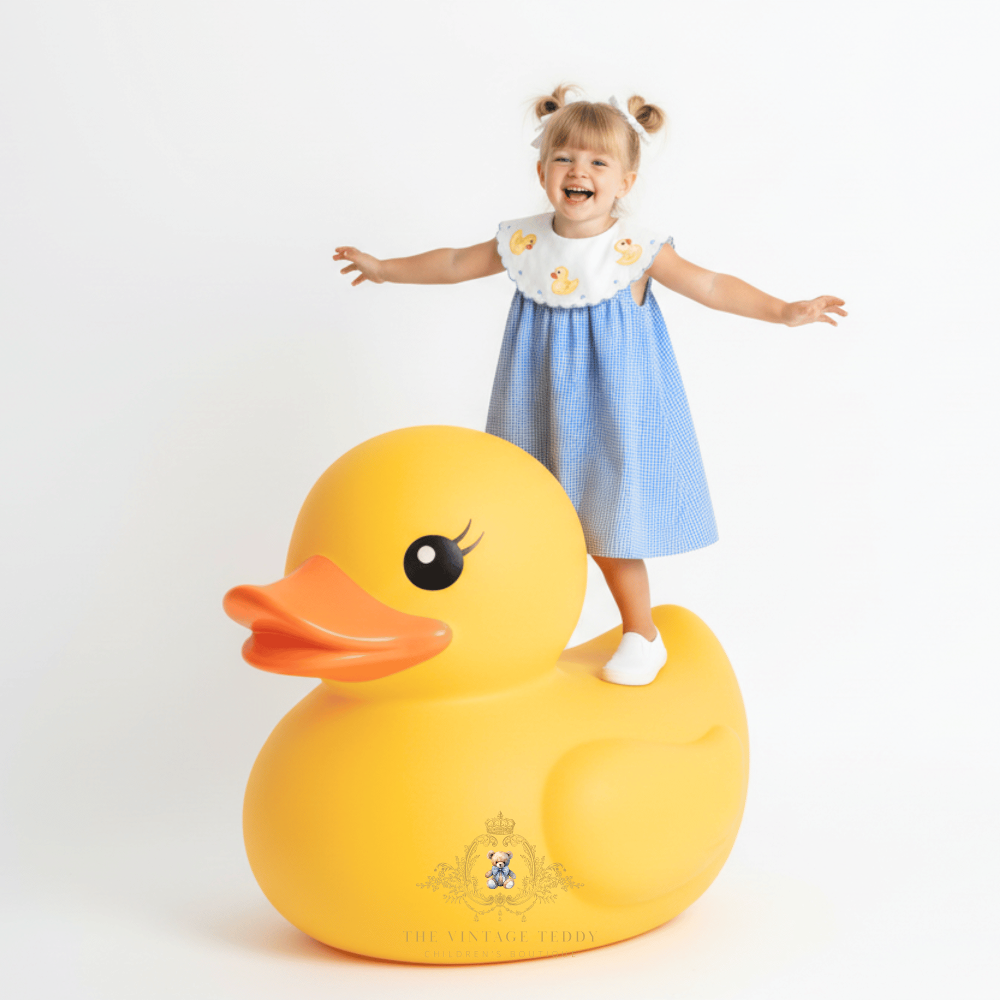 Girls Embroidered Bib Collar Dress Blue Gingham & Yellow Ducky 6Y