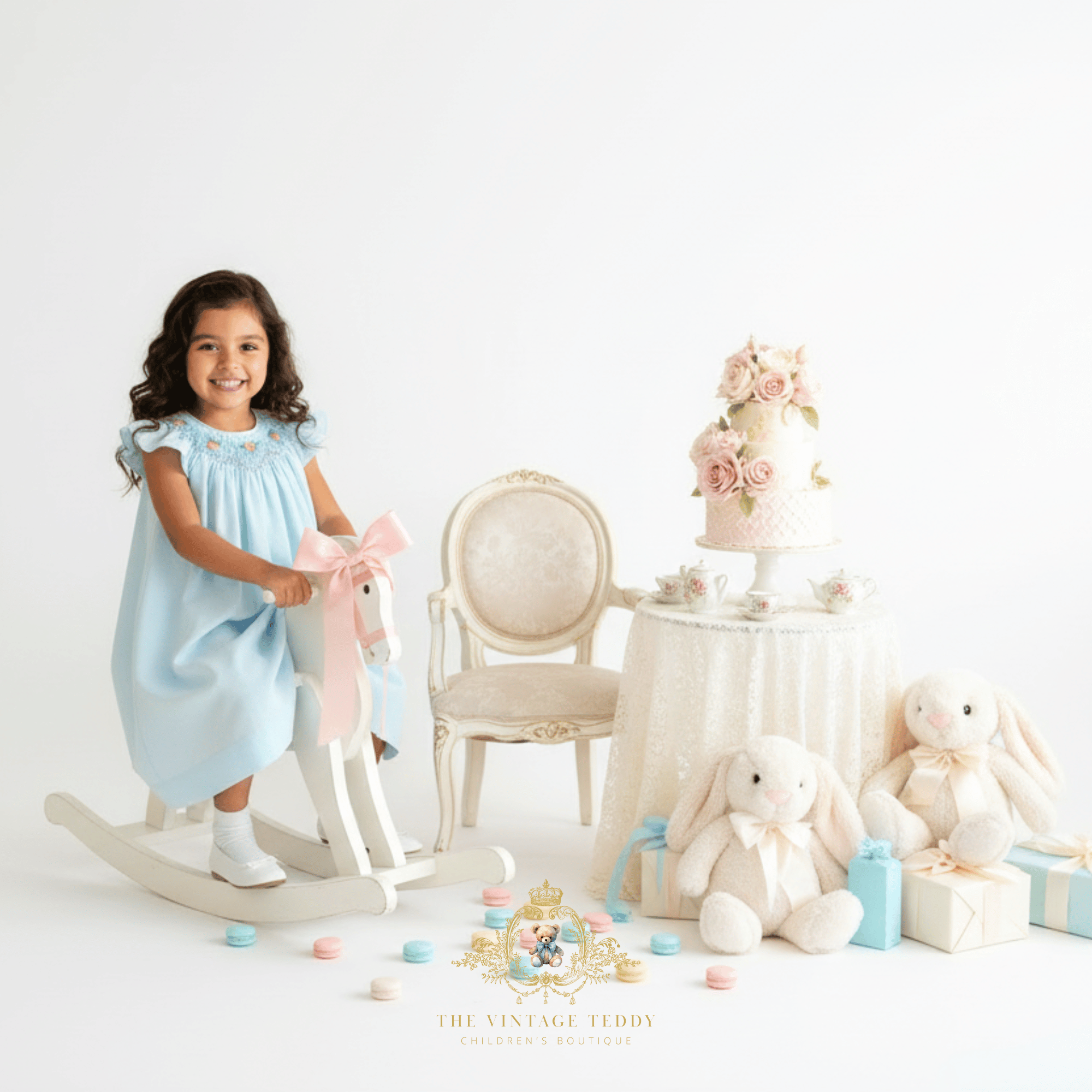 Girls Embroidered Smocked Bishop Dress Sky Blue 4T / Sky Blue