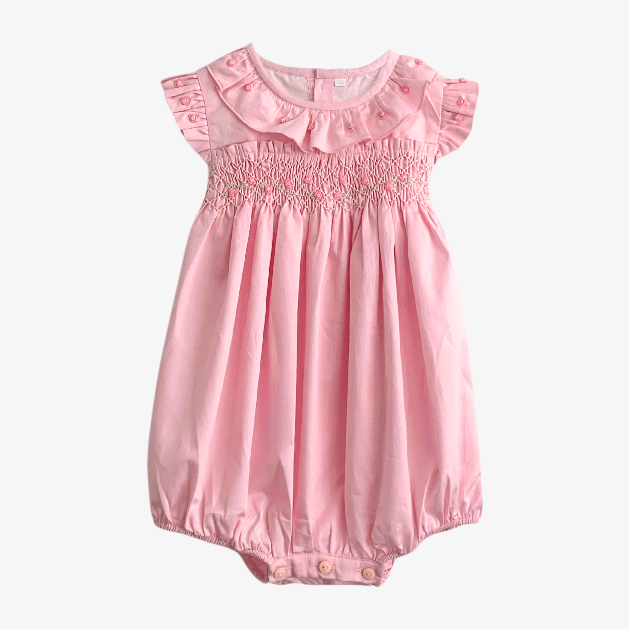 Girls Smocked Romper Bubble Rose Embroidery Pink – The Vintage Teddy