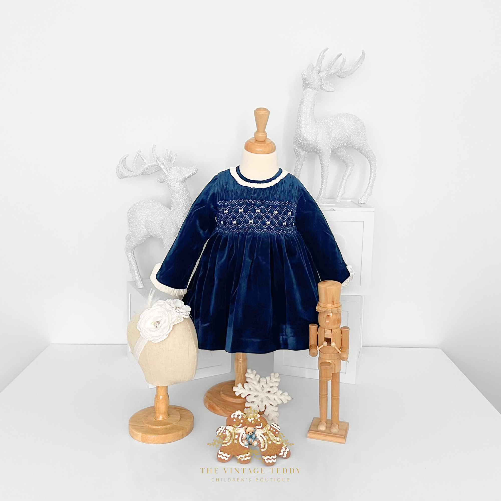 Girls Plush Velvet Embroidered Smocked Dress Royal Blue 12M