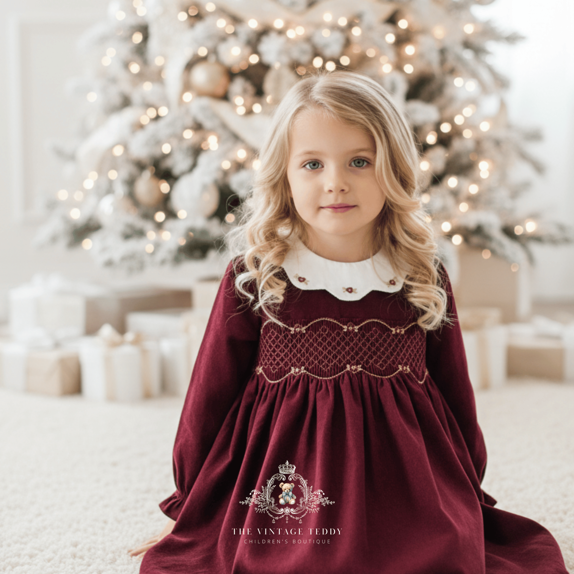 Girls Long Sleeve Corduroy Embroidered Smocked Dress Burgundy 6Y