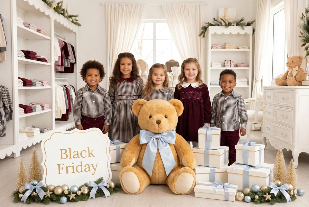 Five children in checked and burgundy outfits stand behind a blue-bow teddy, ivory gifts, and a Black Friday sign with blue-and-gold Christmas decor.