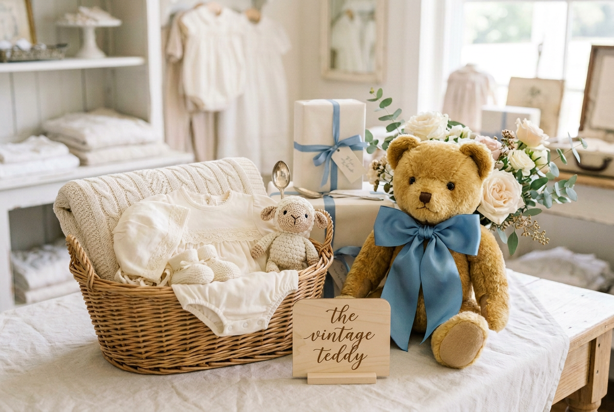 Baby gift basket with cream baby clothing, a knitted baby blanket, and a crochet lamb beside a golden teddy bear with a blue bow and The Vintage Teddy Children's Boutique sign.