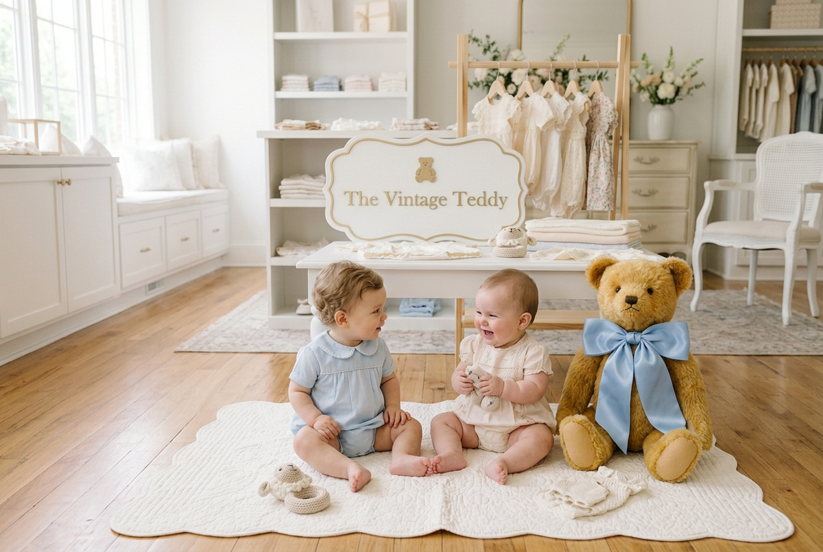 Two babies in pastel outfits seated beside a blue-bow teddy bear in a bright boutique with a white-and-gold The Vintage Teddy sign.