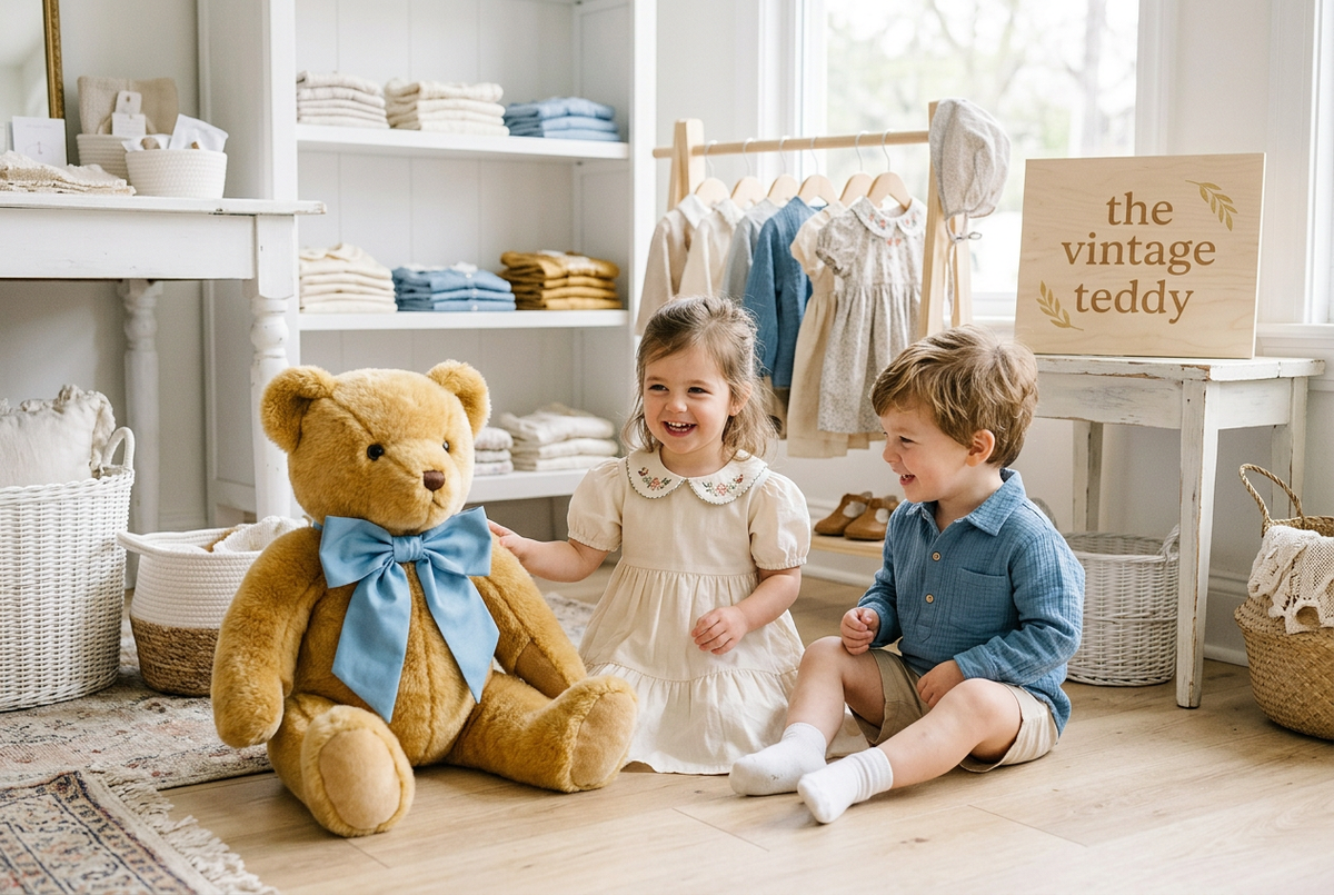 Two toddlers in a cream dress and blue shirt sit beside a golden teddy bear with a blue bow in a bright boutique with The Vintage Teddy sign.