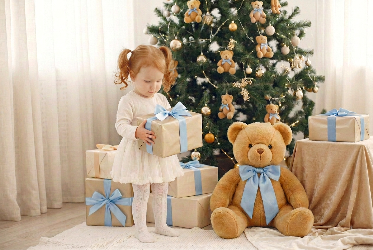 A toddler girl in a white dress holds a gold-wrapped gift beside a Christmas tree adorned with gold ornaments, teddy bears wearing French blue bows, and twinkling lights. The festive scene pairs her sweet white outfit with bright gold holiday decorations.
