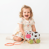Children's Early Learning Wooden Toys Pull Along Animal Trailer Little Cow