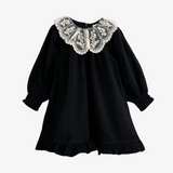 Girls Long Sleeve Lace Bib Collar Peasant Dress Black & Cream