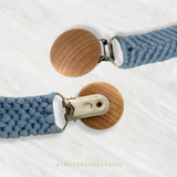Crochet Macramé Pacifier Clip-On Holder Wooden Round Cornflower Blue