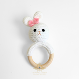 Handmade Crochet Baby Rattle Plush Toys Bunny with Hair Bow