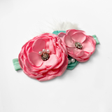 Girls Headband Vintage Floral Beaded Feathered Bubble Gum Pink & Mint