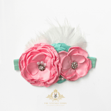 Girls Headband Vintage Floral Beaded Feathered Bubble Gum Pink & Mint
