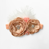 Girls Headband Vintage Floral Beaded Feathered Caramelo & Peach