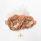 Girls Headband Vintage Floral Beaded Feathered Caramelo & Peach