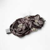 Girls Headband Vintage Floral Beaded Feathered Charcoal Gray