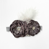 Girls Headband Vintage Floral Beaded Feathered Charcoal Gray