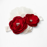 Girls Headband Vintage Floral Beaded Feathered Christmas Red