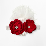 Girls Headband Vintage Floral Beaded Feathered Christmas Red