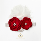 Girls Headband Vintage Floral Beaded Feathered Christmas Red