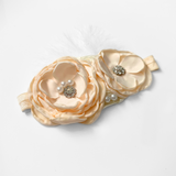 Girls Headband Vintage Floral Beaded Feathered Vanilla Cream