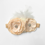 Girls Headband Vintage Floral Beaded Feathered Vanilla Cream