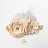 Girls Headband Vintage Floral Beaded Feathered Vanilla Cream