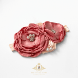 Girls Headband Vintage Floral Beaded Feathered Dusty Rose & Peach