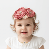 Girls Headband Vintage Floral Beaded Feathered Dusty Rose & Peach
