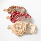 Girls Headband Vintage Floral Beaded Feathered Caramelo & Peach