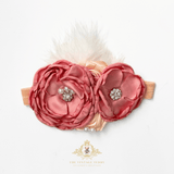 Girls Headband Vintage Floral Beaded Feathered Dusty Rose & Peach