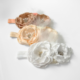 Girls Headband Vintage Floral Beaded Feathered Vanilla Cream