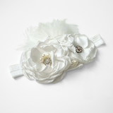 Girls Headband Vintage Floral Beaded Feathered Dove White