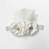Girls Headband Vintage Floral Beaded Feathered Dove White