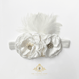 Girls Headband Vintage Floral Beaded Feathered Dove White