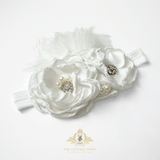 Girls Headband Vintage Floral Beaded Feathered Dove White