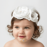 Girls Headband Vintage Floral Beaded Feathered Dove White
