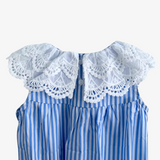 Girls Lace Bib Collar Romper Bubble Blue & White Stripes