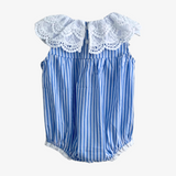 Girls Lace Bib Collar Romper Bubble Blue & White Stripes