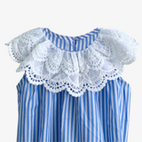 Girls Lace Bib Collar Romper Bubble Blue & White Stripes