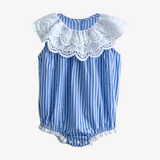 Girls Lace Bib Collar Romper Bubble Blue & White Stripes