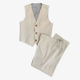 Boys Linen Suit Vest & Trousers Pants Set Beige & Grey