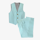 Boys Linen Suit Vest & Trousers Pants Set Ocean Blue & Grey