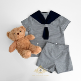 Boys Short Sleeve Sailor Dress Shirt & Shorts Matching Outfit Navy Blue & White