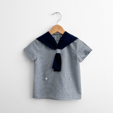 Boys Short Sleeve Sailor Dress Shirt & Shorts Matching Outfit Navy Blue & White