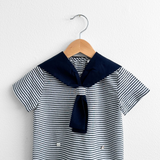 Boys Short Sleeve Sailor Dress Shirt & Shorts Matching Outfit Navy Blue & White